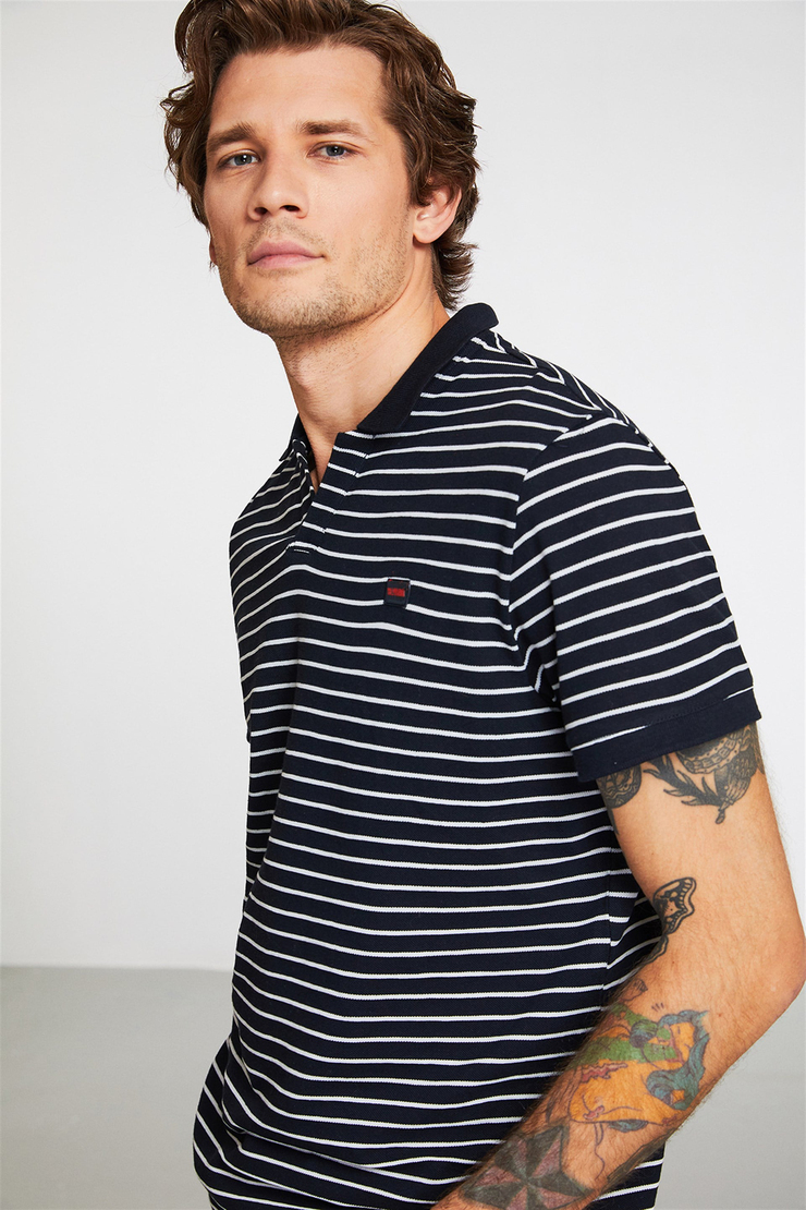 JUSTIN Erkek Lacivert Nakışlı-İşlemeli Polo Yaka Slim Fit Polo Yaka T-shirt