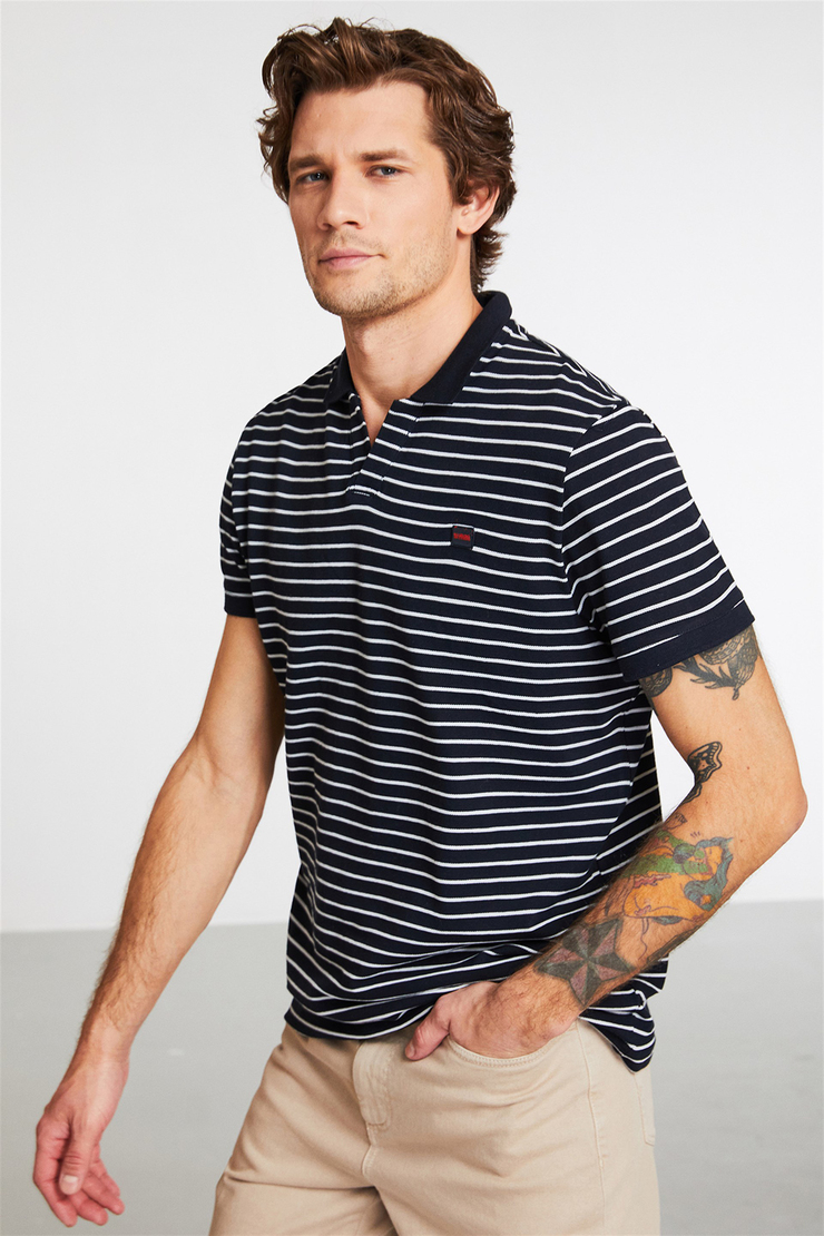 JUSTIN Erkek Lacivert Nakışlı-İşlemeli Polo Yaka Slim Fit Polo Yaka T-shirt