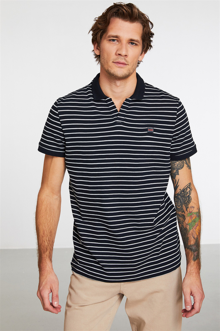 JUSTIN Erkek Lacivert Nakışlı-İşlemeli Polo Yaka Slim Fit Polo Yaka T-shirt