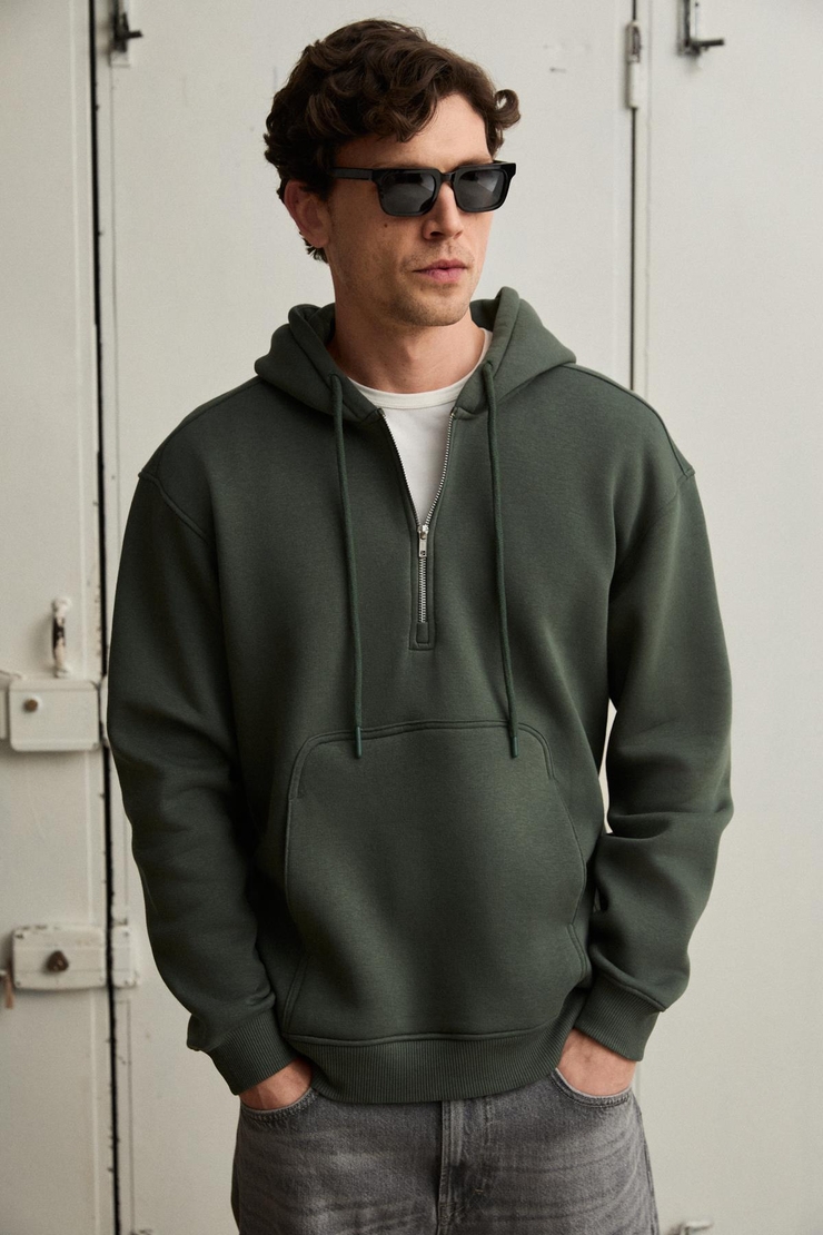 JUSTUS Erkek Kapüşonlu Kanguru Cepli Fermuar Yakalı Yeşil Sweatshirt