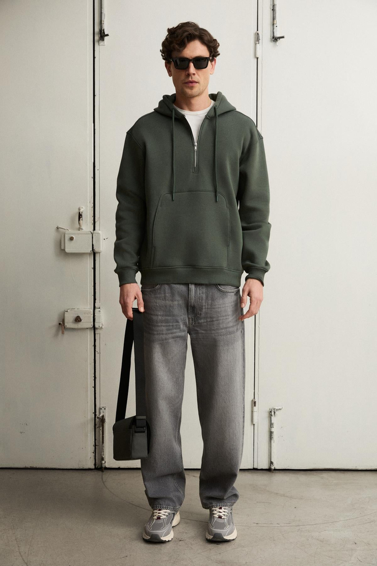 JUSTUS Erkek Kapüşonlu Kanguru Cepli Fermuar Yakalı Yeşil Sweatshirt
