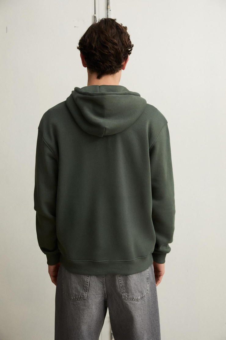 JUSTUS Erkek Kapüşonlu Kanguru Cepli Fermuar Yakalı Yeşil Sweatshirt
