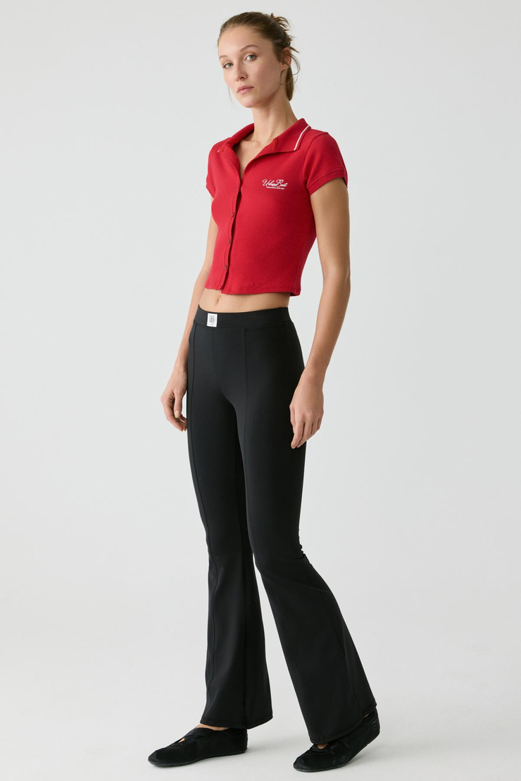 KAELA Kadın Triko Polo Yaka Düğmeli Kısa Kollu Baskı Detaylı Kırmızı T-Shirt