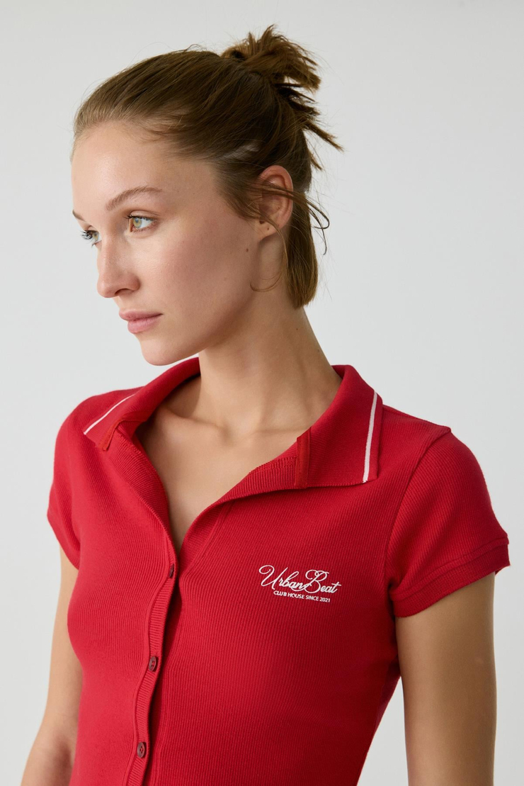 KAELA Kadın Triko Polo Yaka Düğmeli Kısa Kollu Baskı Detaylı Kırmızı T-Shirt