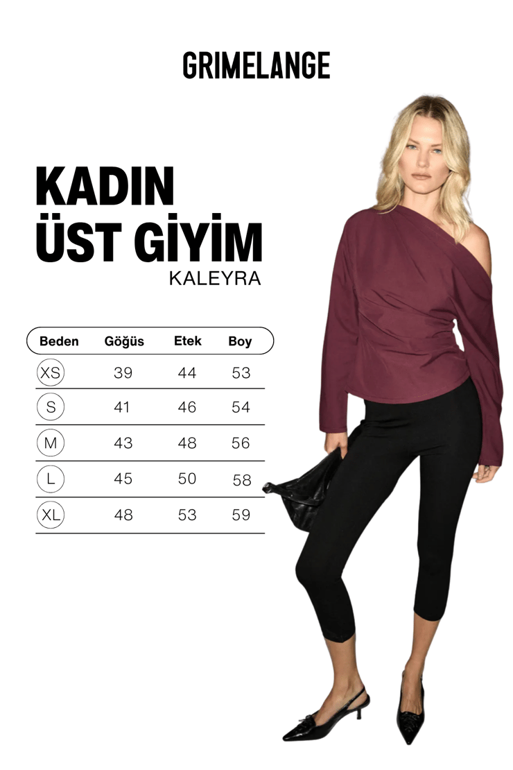 KALEYRA Kadın Büzgülü Asimetrik Yakalı Uzun Kollu Bordo Bluz