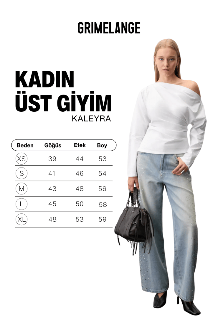 KALEYRA Kadın Büzgülü Asimetrik Yakalı Uzun Kollu Beyaz Bluz