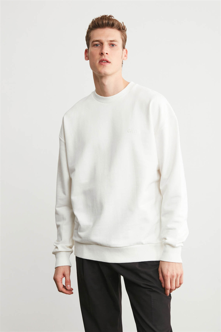 KANYE Erkek Ekru Nakışlı-İşlemeli Yuvarlak Yaka Oversıze Sweatshirt