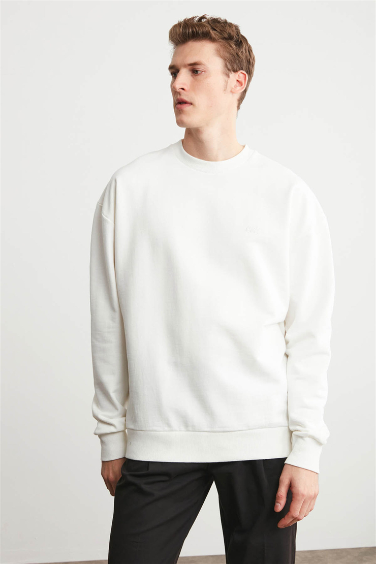 KANYE Erkek Ekru Nakışlı-İşlemeli Yuvarlak Yaka Oversıze Sweatshirt