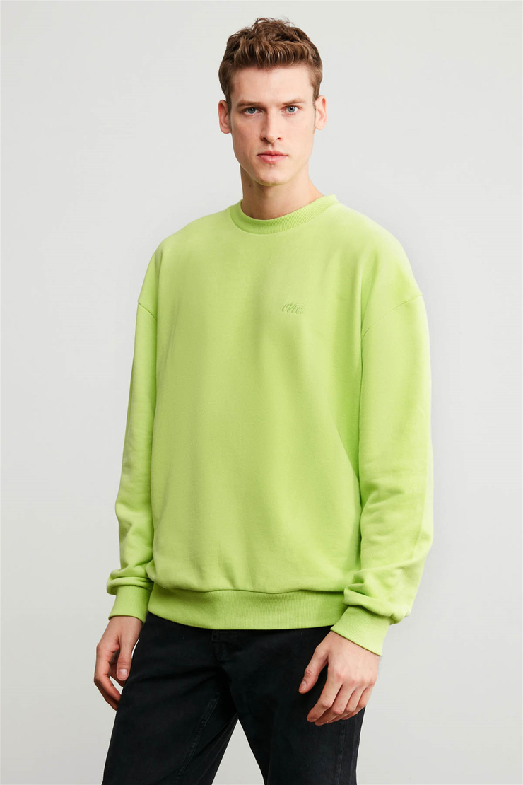 KANYE Erkek Yeşil Nakışlı-İşlemeli Yuvarlak Yaka Oversize Sweatshirt