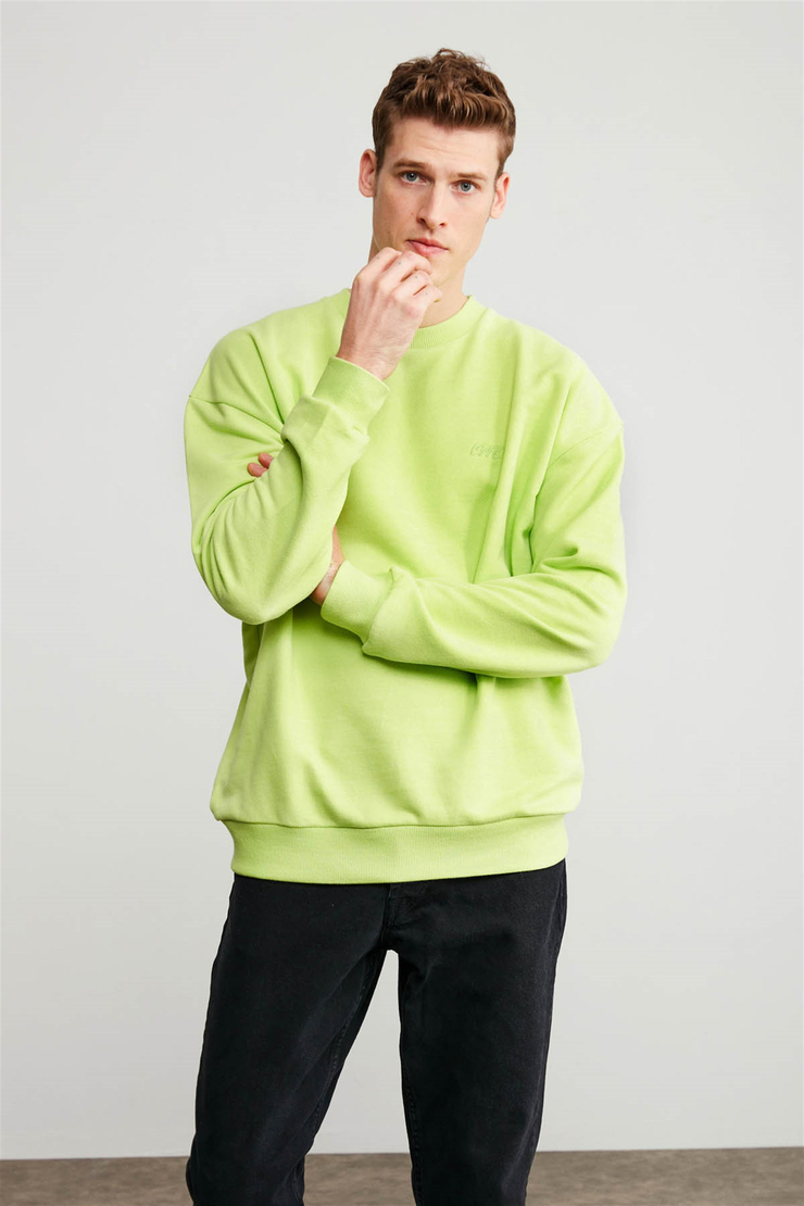 KANYE Erkek Yeşil Nakışlı-İşlemeli Yuvarlak Yaka Oversize Sweatshirt