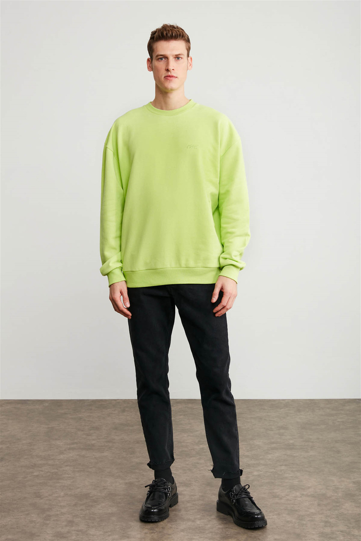 KANYE Erkek Yeşil Nakışlı-İşlemeli Yuvarlak Yaka Oversize Sweatshirt