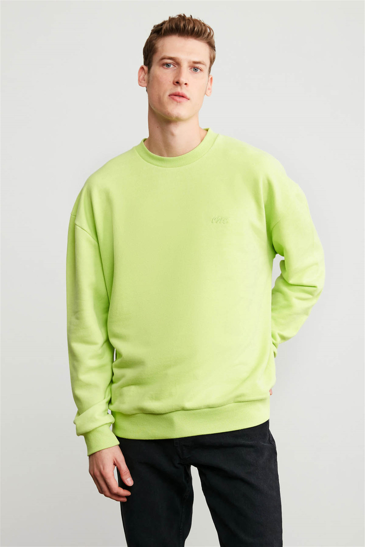 KANYE Erkek Yeşil Nakışlı-İşlemeli Yuvarlak Yaka Oversize Sweatshirt