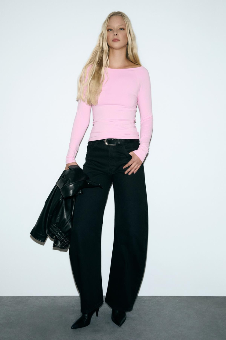 KARAKOLA Kadın Organik Pamuklu Kayık Yaka Reglan Kol Slim Fit Pembe Bluz