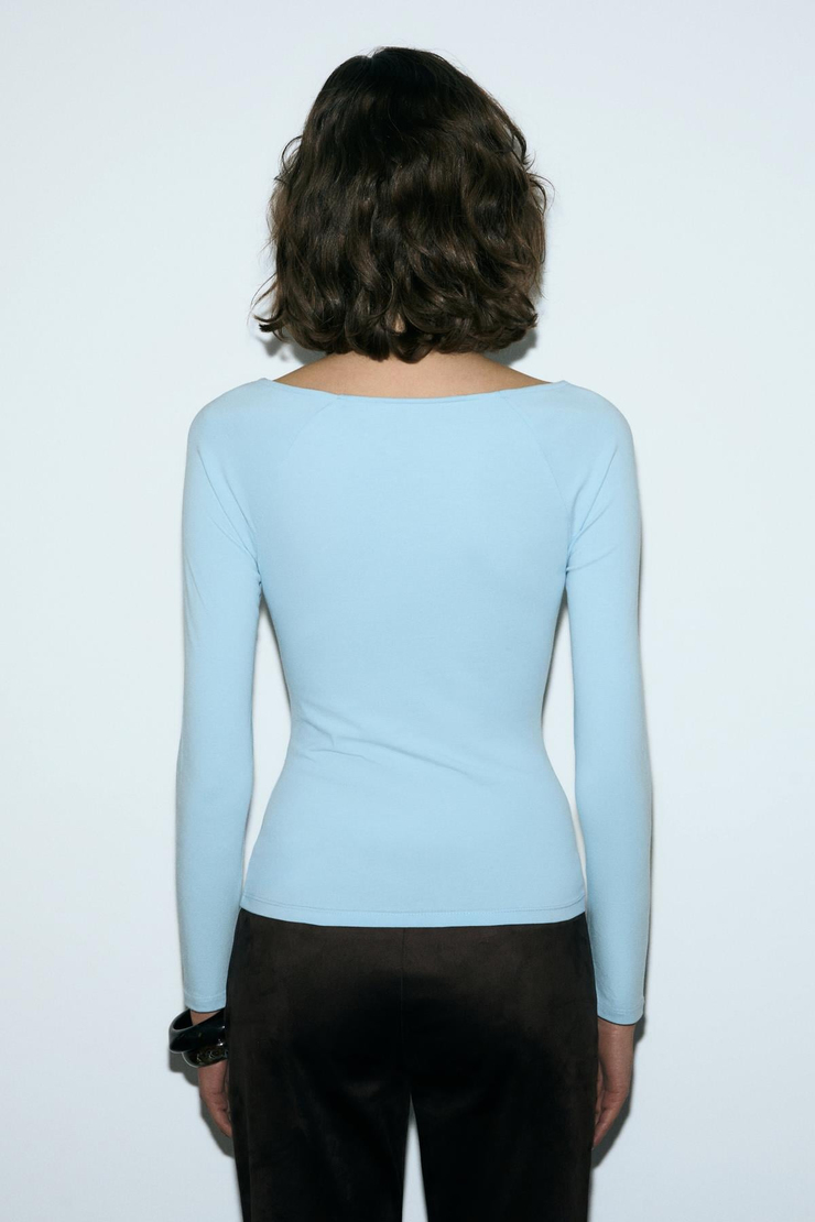 KARAKOLA Kadın Organik Pamuklu Kayık Yaka Reglan Kol Slim Fit Mavi Bluz