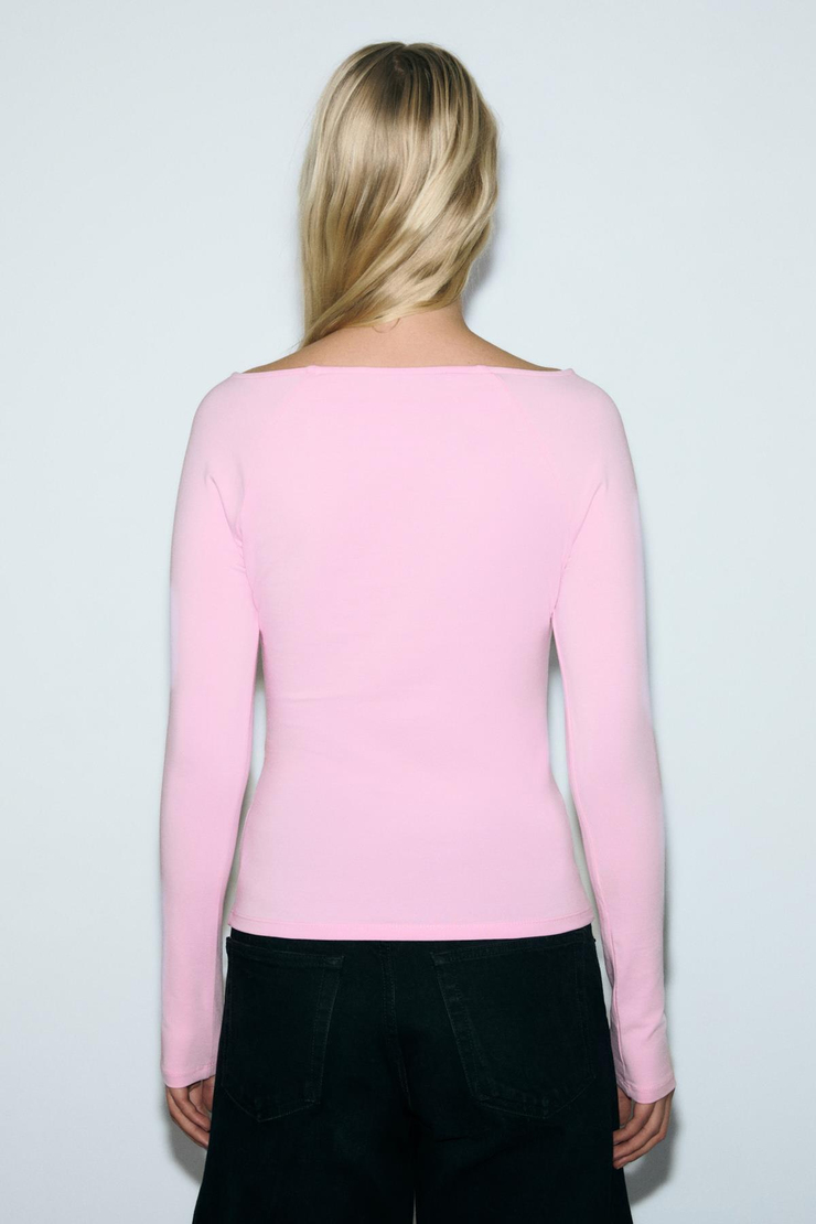 KARAKOLA Kadın Organik Pamuklu Kayık Yaka Reglan Kol Slim Fit Pembe Bluz