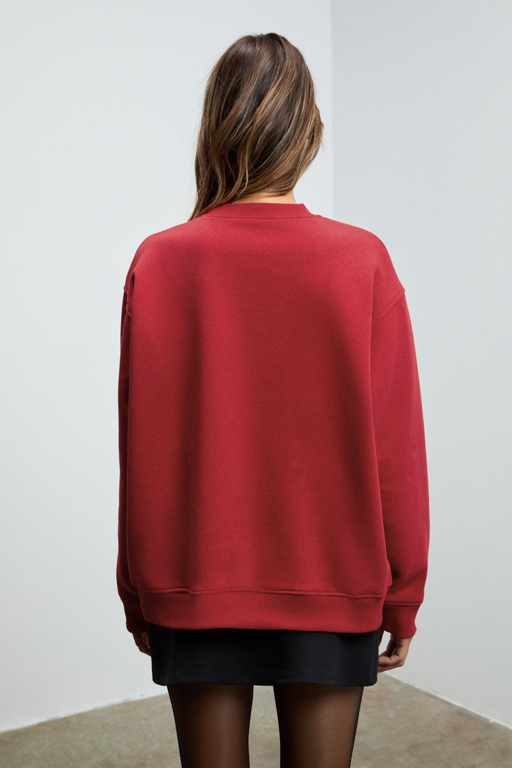 KARIUS Kadın Organik Pamuklu İçi Polarlı Oversize Yuvarlak Yakalı Bordo Sweatshirt