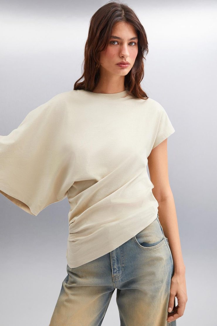 KATIE Asimetrik Relaxed Gri Tekli T-Shirt