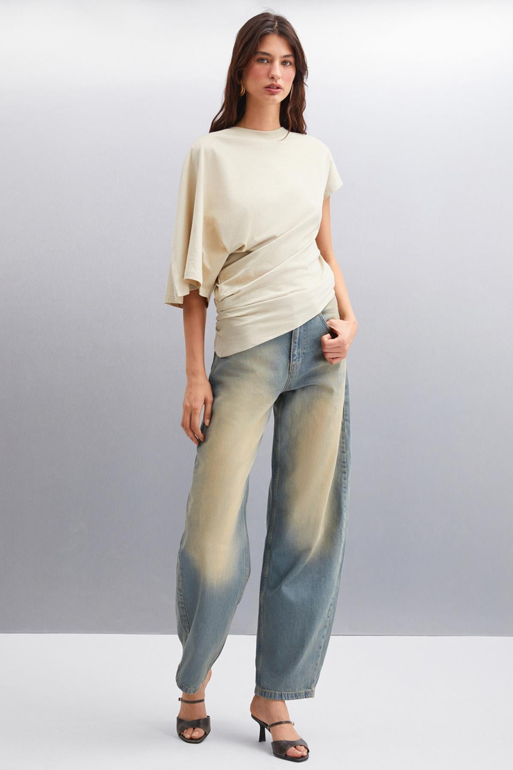 KATIE Asimetrik Relaxed Gri Tekli T-Shirt