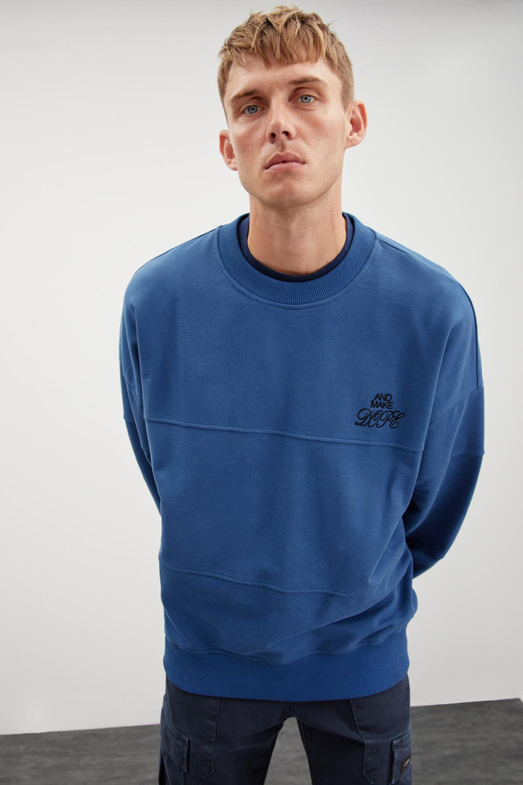 KAYLEN  Oversize Mavi Tekli Sweatshirt
