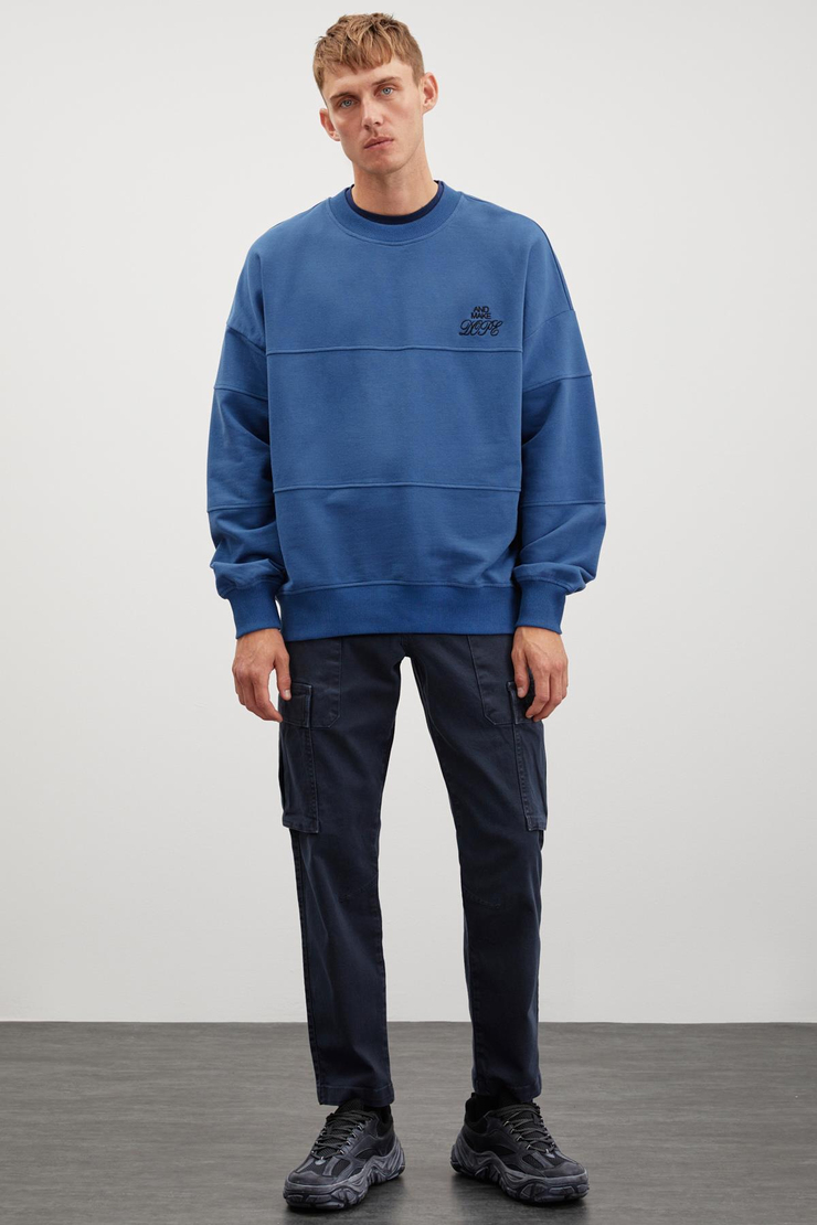 KAYLEN  Oversize Mavi Tekli Sweatshirt