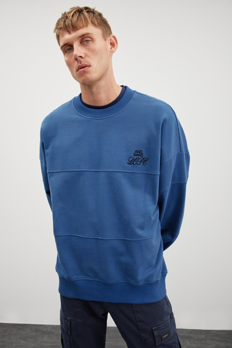 KAYLEN  Oversize Mavi Tekli Sweatshirt