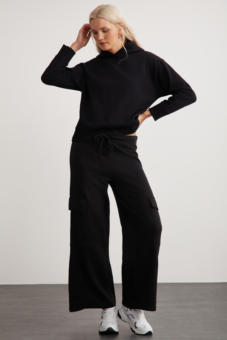 KEMBERLY Kadın Kapüşonlu Relaxed Kalıp Basic Siyah Sweatshirt