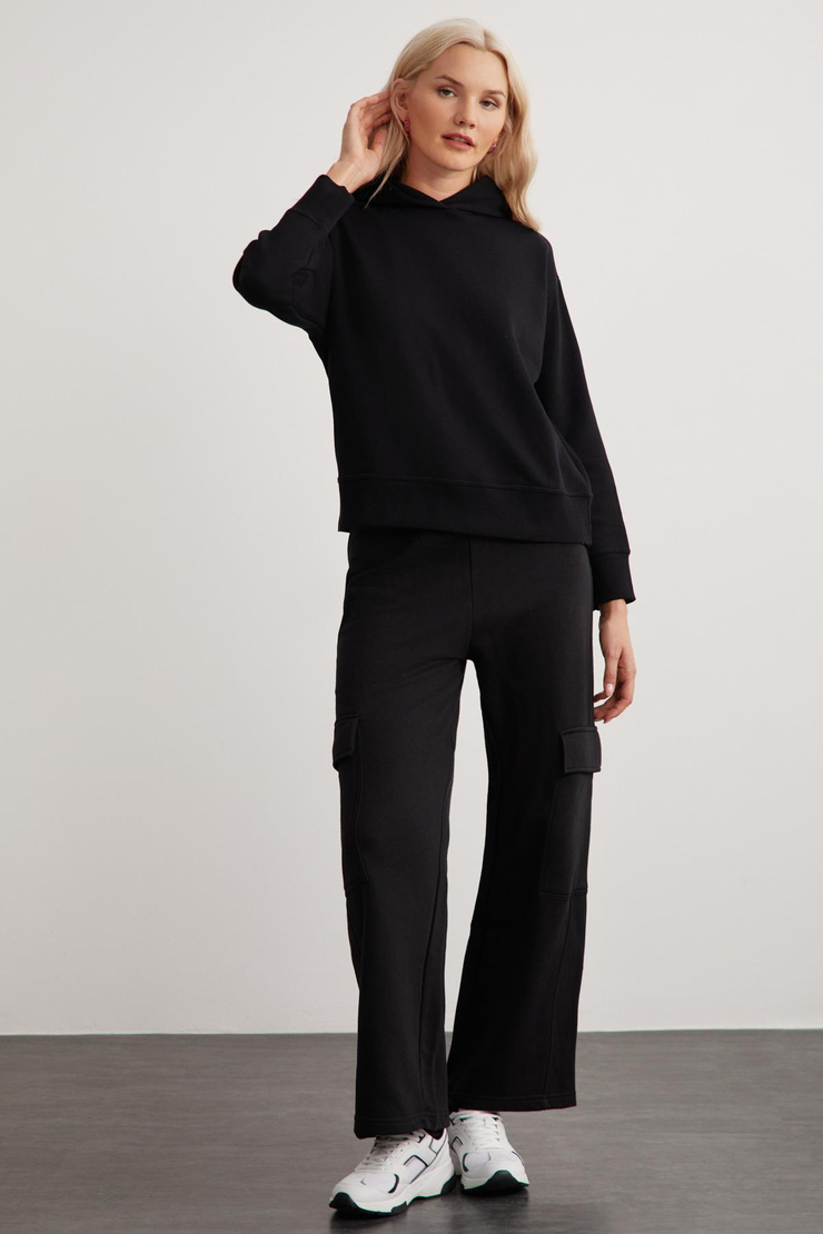 KEMBERLY Kadın Kapüşonlu Relaxed Kalıp Basic Siyah Sweatshirt