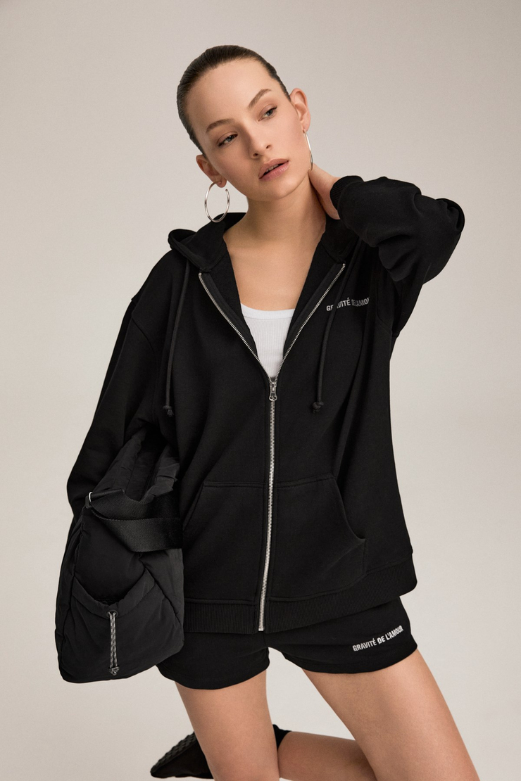 KESSI Kadın Oversize Organik Pamuklu Metal Fermuarlı Kapüşonlu Siyah Sweatshirt