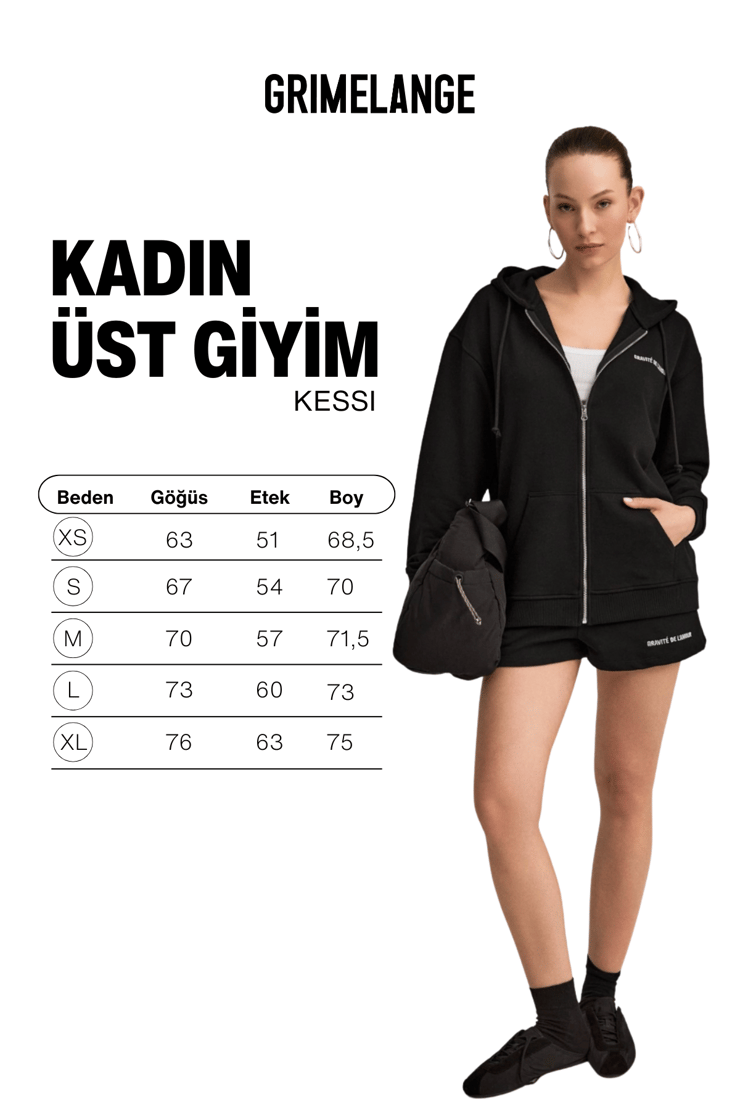 KESSI Kadın Oversize Organik Pamuklu Metal Fermuarlı Kapüşonlu Siyah Sweatshirt
