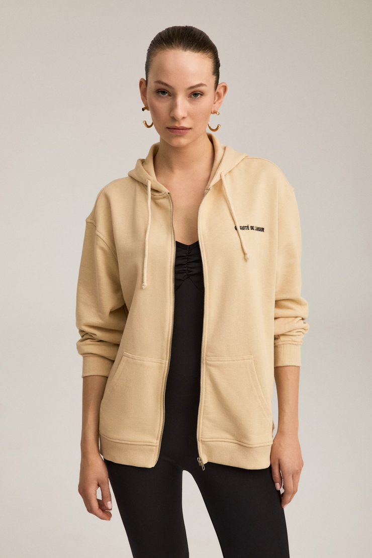 KESSI Kadın Oversize Organik Pamuklu Metal Fermuarlı Kapüşonlu Vanilya Sweatshirt