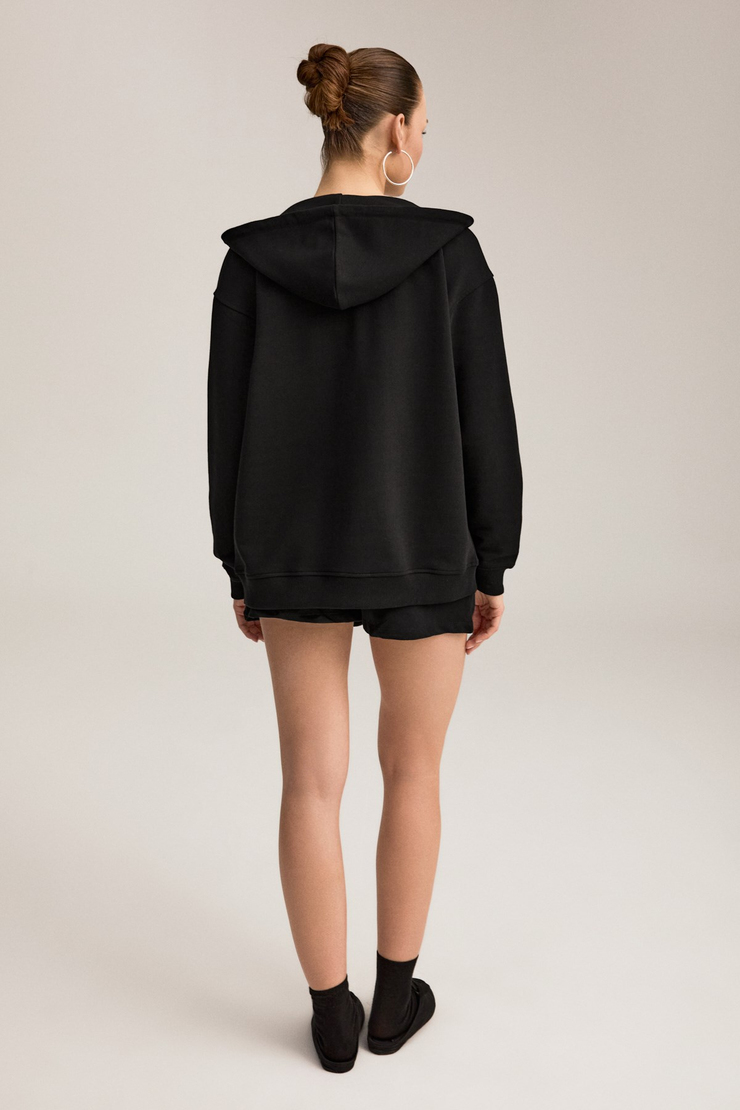 KESSI Kadın Oversize Organik Pamuklu Metal Fermuarlı Kapüşonlu Siyah Sweatshirt