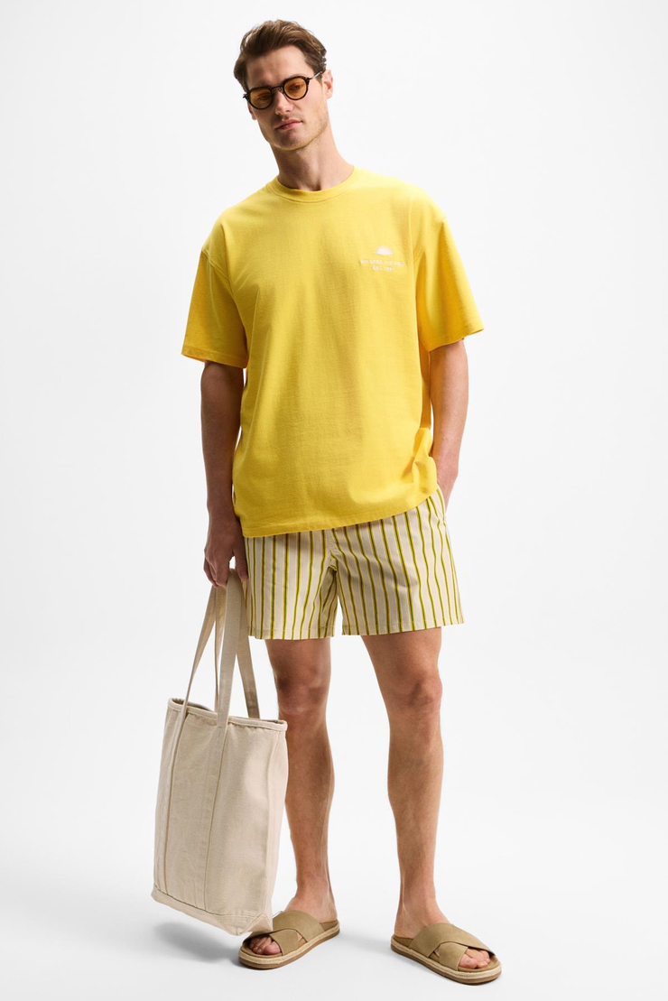 KHARY Erkek Nakış Detaylı %100 Organik Pamuk Oversize Bisiklet Yaka Sarı T-Shirt