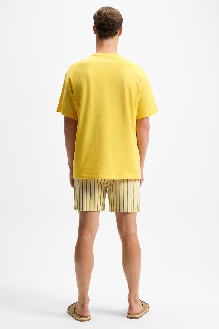 KHARY Erkek Nakış Detaylı %100 Organik Pamuk Oversize Bisiklet Yaka Sarı T-Shirt
