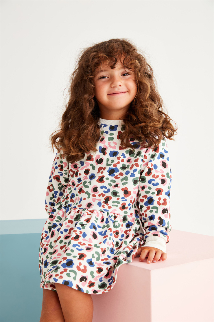 KIT Kız Çocuk Ekru Desenli Bisiklet Yaka Comfort Fit Elbise