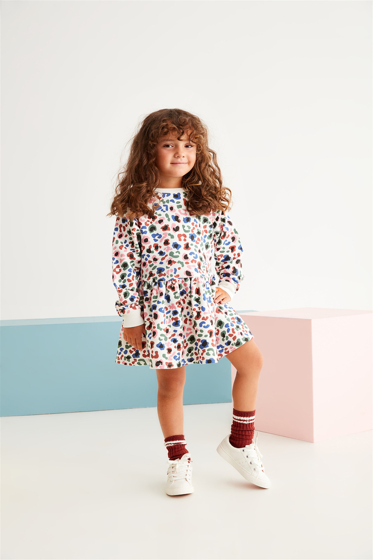 KIT Kız Çocuk Ekru Desenli Bisiklet Yaka Comfort Fit Elbise