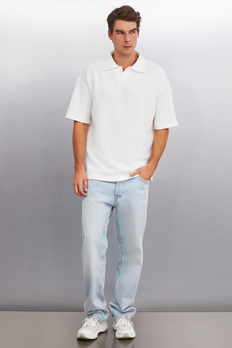 KLEDI Oversize Oversize Beyaz Tekli Polo Yaka T-shirt