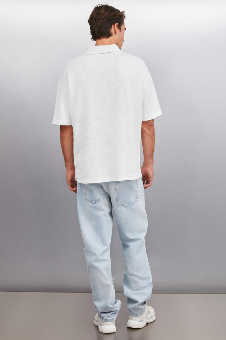 KLEDI Oversize Oversize Beyaz Tekli Polo Yaka T-shirt