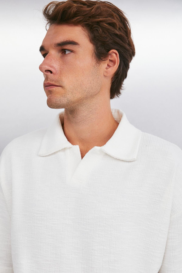 KLEDI Oversize Oversize Beyaz Tekli Polo Yaka T-shirt
