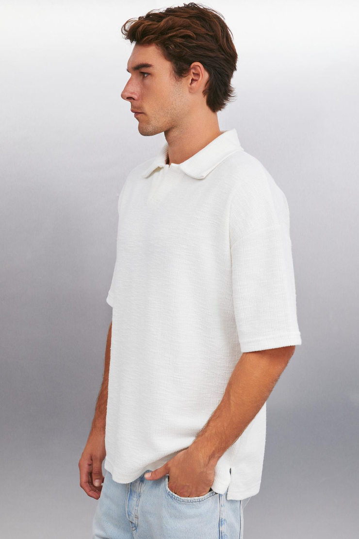 KLEDI Oversize Oversize Beyaz Tekli Polo Yaka T-shirt