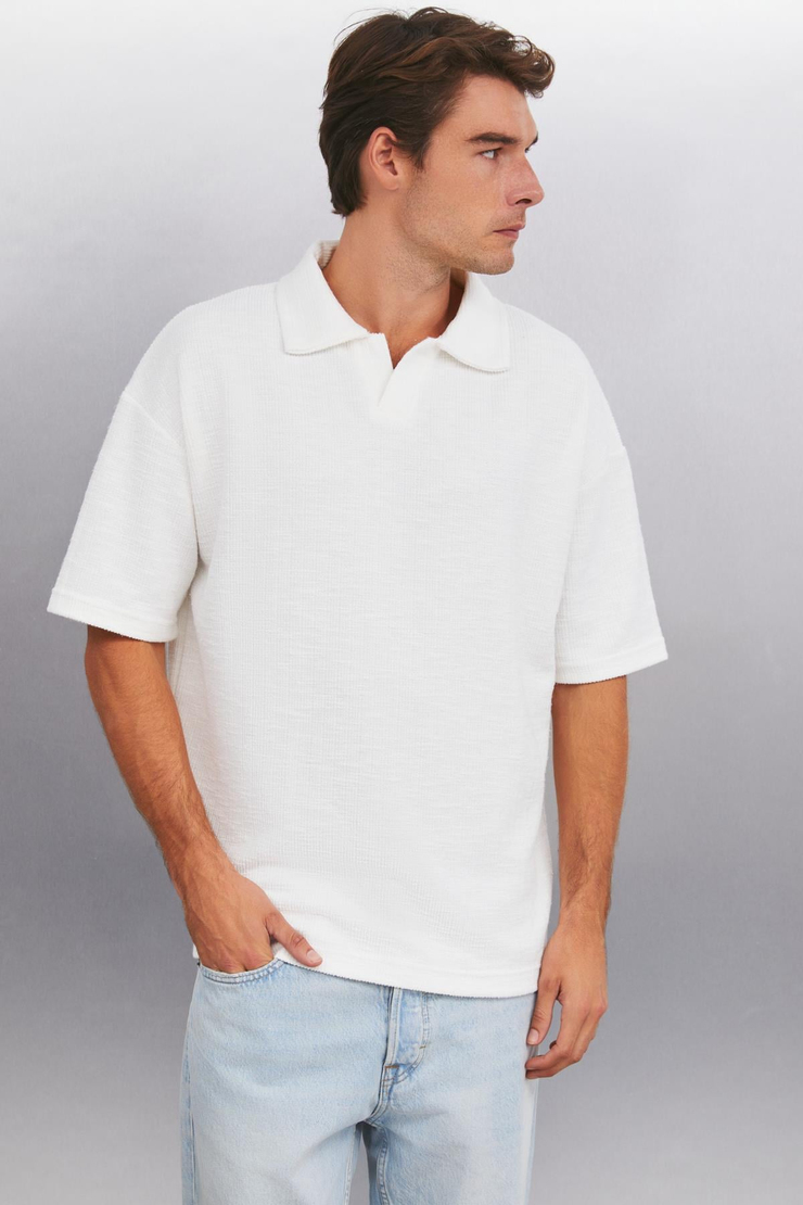 KLEDI Oversize Oversize Beyaz Tekli Polo Yaka T-shirt