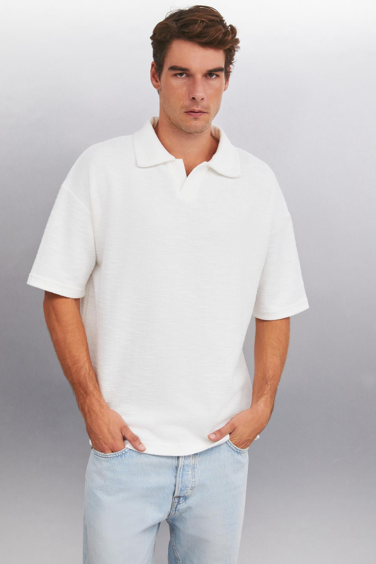 KLEDI Oversize Oversize Beyaz Tekli Polo Yaka T-shirt
