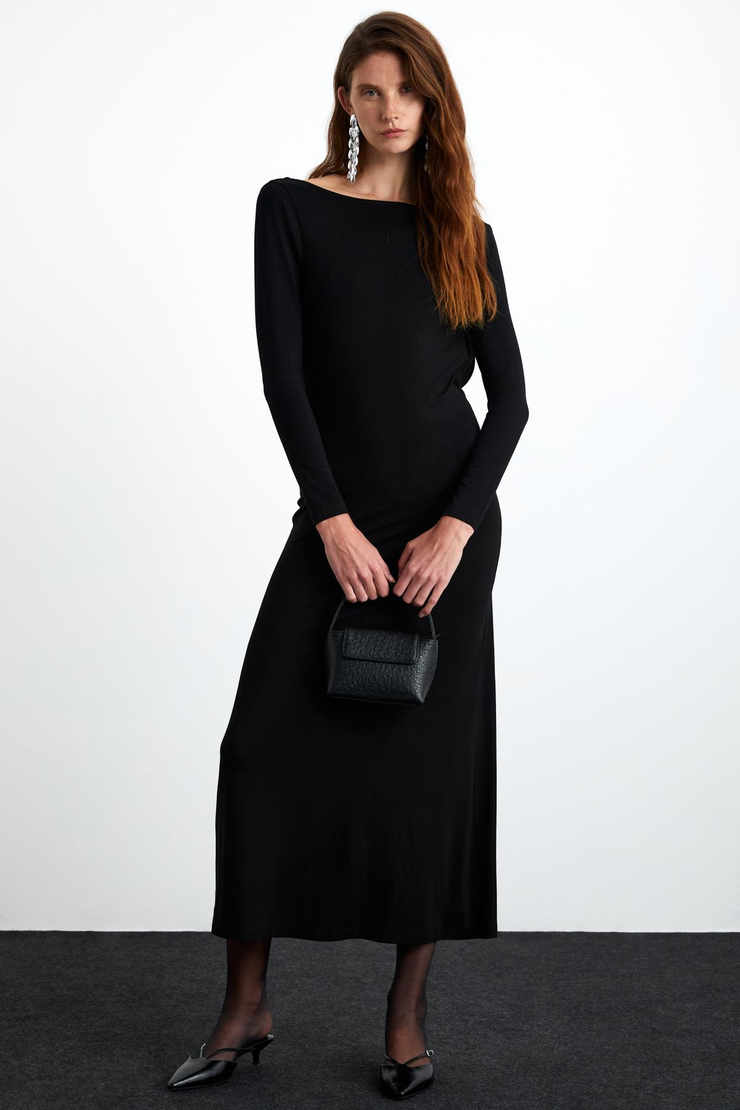 KRIZIA Kadın Viskon Karışımlı Kayık Yaka Slim Fit Siyah Elbise