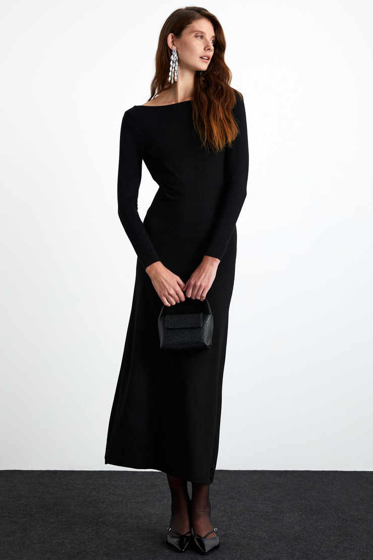 KRIZIA Kadın Viskon Karışımlı Kayık Yaka Slim Fit Siyah Elbise