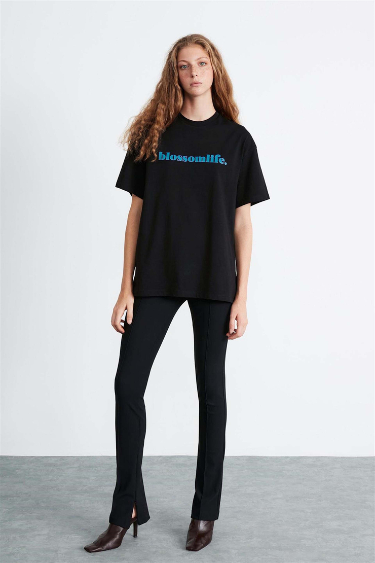 KYLIE Örme Oversize Siyah  T-Shirt