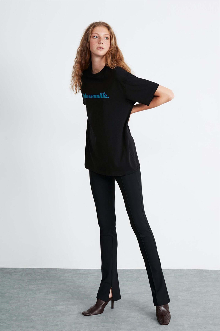 KYLIE Örme Oversize Siyah  T-Shirt
