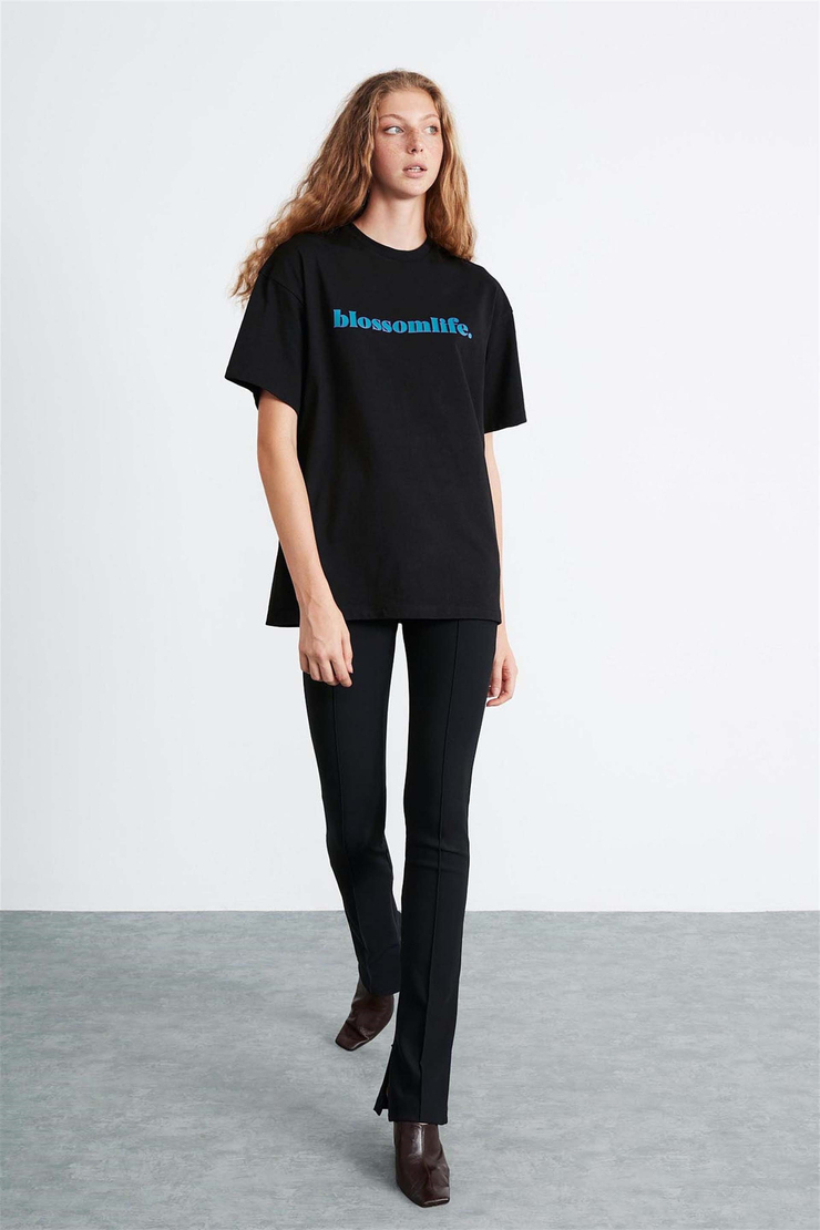 KYLIE Örme Oversize Siyah  T-Shirt