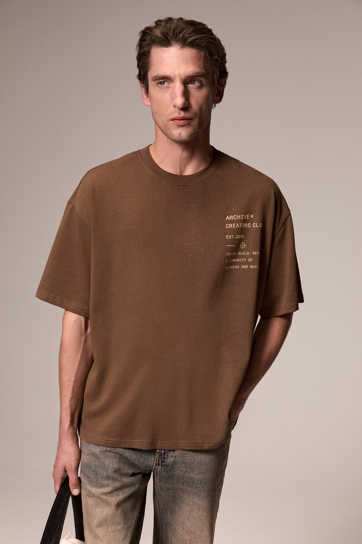 KYREN Erkek Organik Pamuklu Önü Ve Arkası Baskılı Yuvarlak Yaka Haki T-Shirt