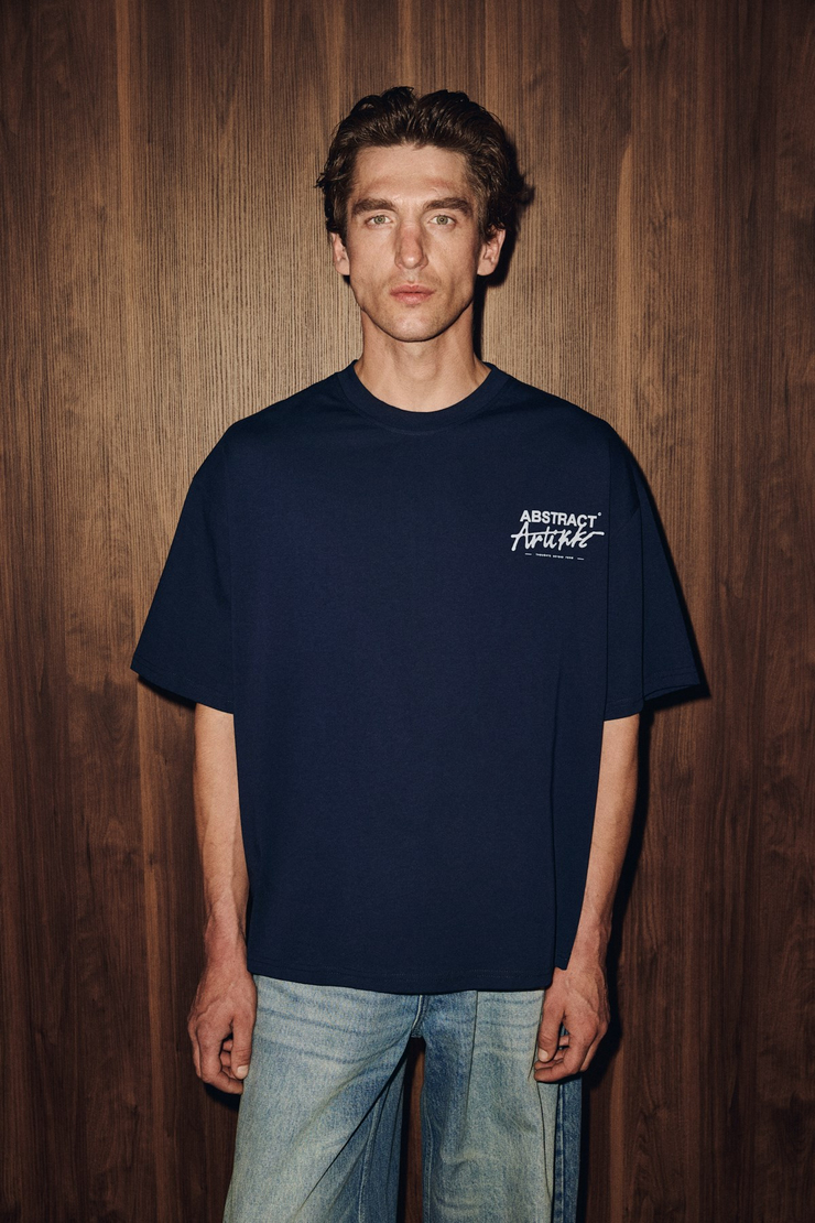 KYREN Erkek Organik Pamuklu Önü Ve Arkası Baskılı Yuvarlak Yaka Lacivert T-Shirt