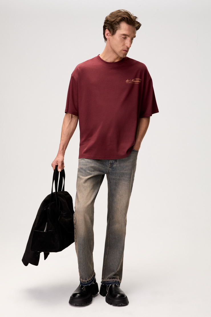 KYREN Erkek Organik Pamuklu Önü Ve Arkası Baskılı Yuvarlak Yaka Bordo T-Shirt