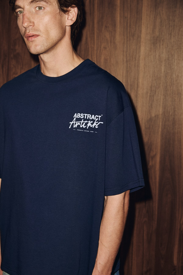 KYREN Erkek Organik Pamuklu Önü Ve Arkası Baskılı Yuvarlak Yaka Lacivert T-Shirt